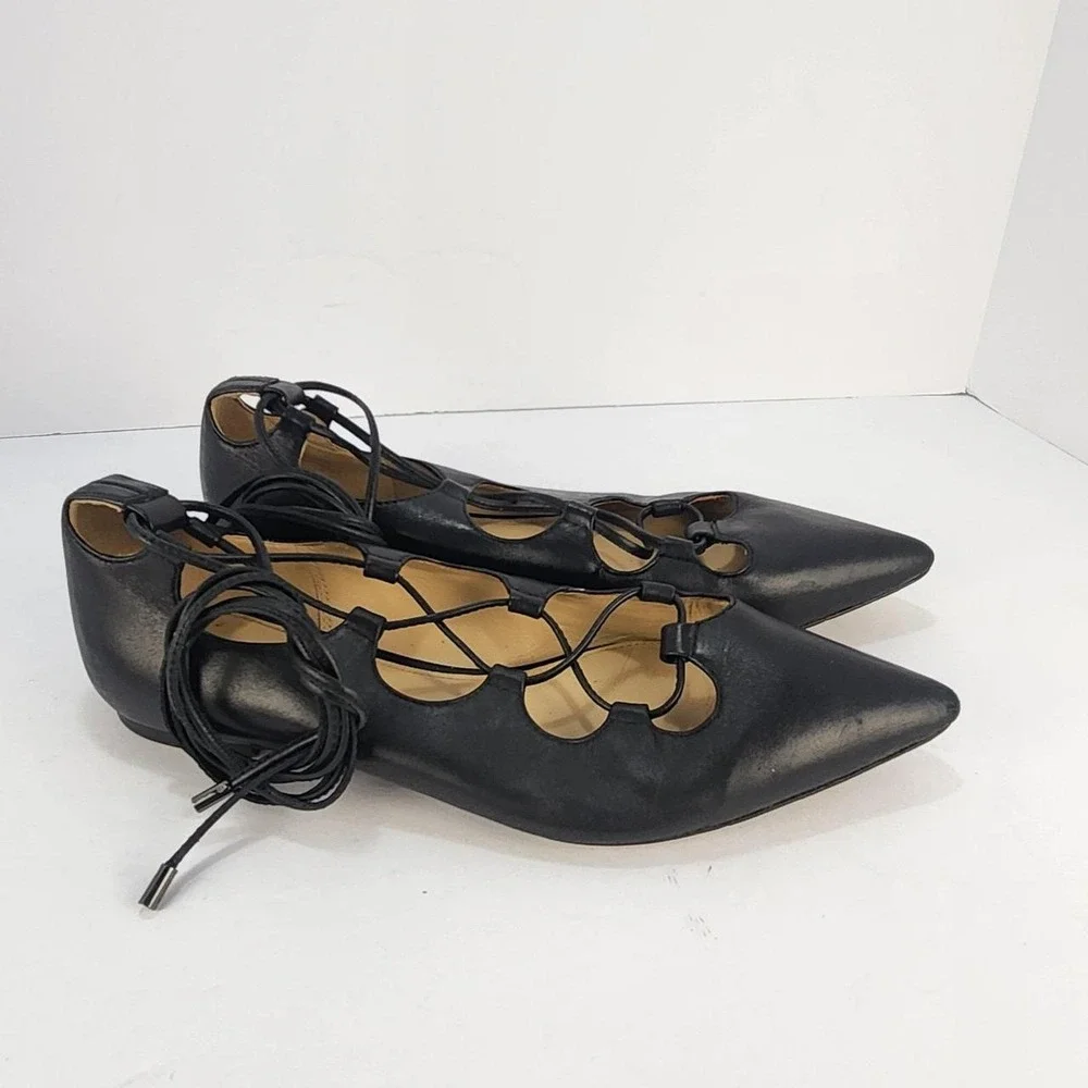 Coach Women's 8.5B Black Leather Pointed Toe Lace-Up Ballet Flats Ankle Wrap